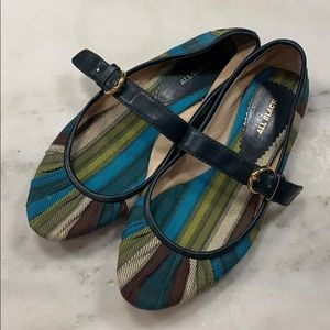 Multicolored Mary Jane’s w/blue leather strap